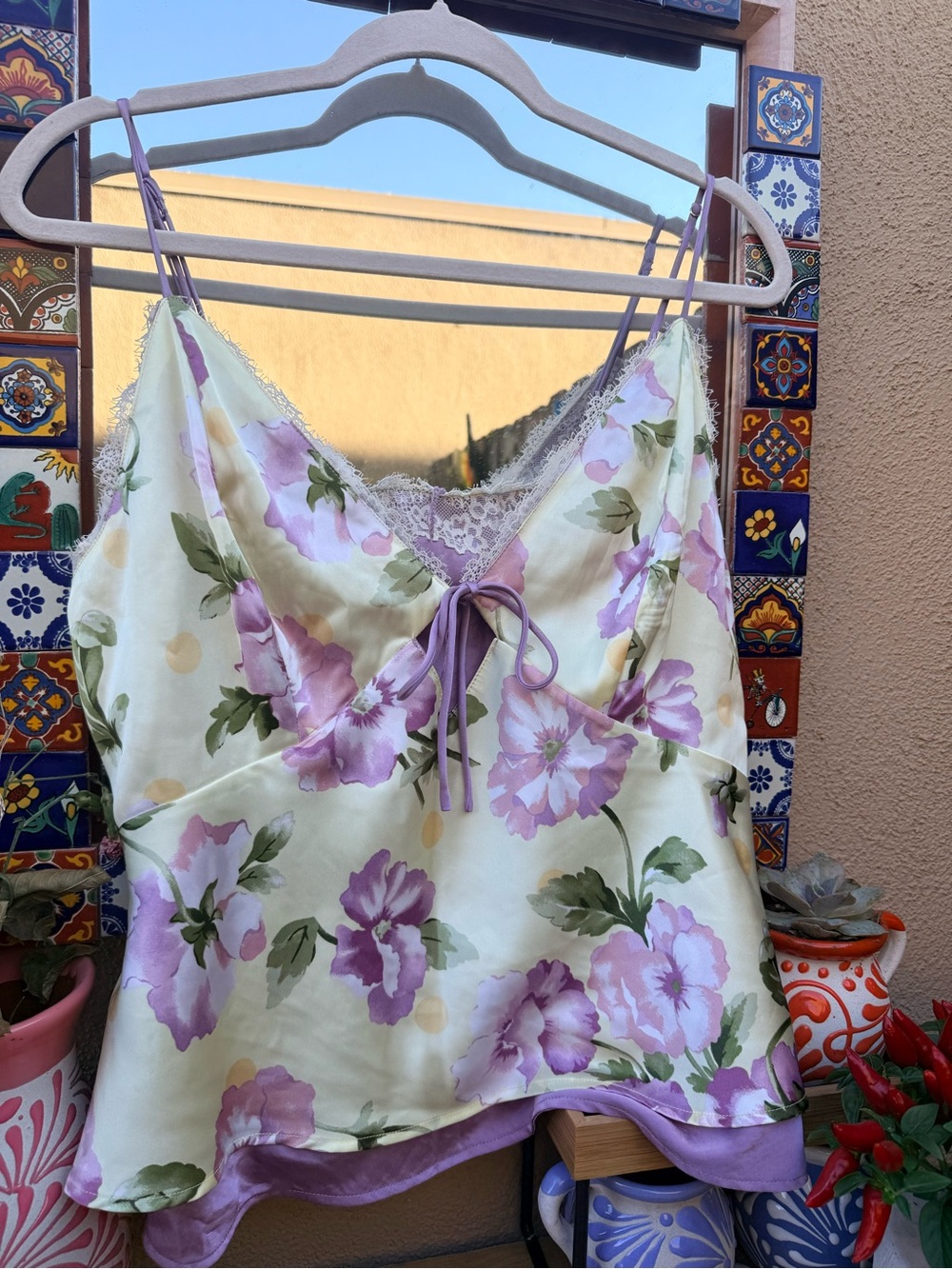 Lavender Floral Satin Lace-Trim Chemise